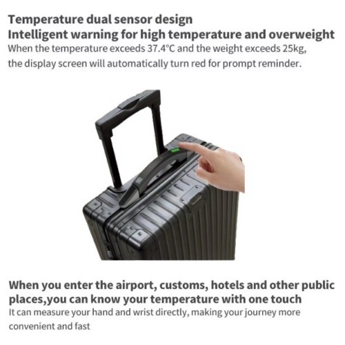 Intelligent luggage handle with temperature and weight sensors and warning design
