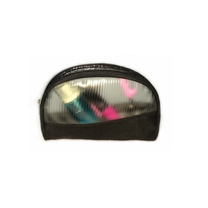 Clear PVC zipper cosmetic pouch bags in a compact size.
